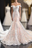 Champagne Mermaid Tulle Appliques Off the Shoulder Wedding Dresses With Train