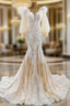 Champagne Mermaid Tulle Long Sleeve Appliques Formal Prom Dresses