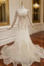 Champagne Mermaid Tulle Long Sleeve Formal Prom Dresses With Beading