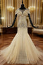 Champagne Mermaid Tulle Sequins Cap Sleeve Beading Crystal Wedding Dresses