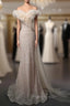 Champagne Mermaid Tulle Sequins Off the Shoulder Formal Prom Dresses