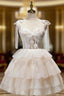 Champagne Mini/Short Formal Prom Dresses, Puffy Cute Homecoming Dresses With Lace