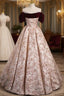 Champagne Pink Flower Puff Sleeve Formal Prom Dresses