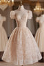 Champagne Pink Tulle Lace Tea Length Formal Prom Dresses with Beads