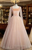 Champagne Pink Tulle Square Long Sleeve Formal Prom Dresses