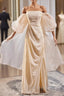 Champagne Puff Sleeve Pleats Formal Prom Dresses