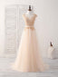 Champagne Round Neck Tulle Lace Applique Long Prom Dress