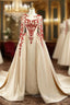 Champagne Satin Long Sleeve Beading Sequins Formal Prom Dresses