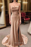 Champagne Satin Mermaid Spaghetti Straps Formal Prom Dresses