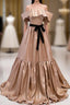Champagne Satin Off the Shoulder Formal Prom Dresses With Bow