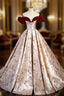Champagne Satin Print Burgundy Velvet Formal Prom Dresses