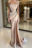 Champagne Satin Straps Beading Mermaid Formal Prom Dresses