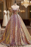 Champagne Sequins Strapless Formal Prom Dresses With Train