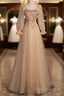 Champagne Short Sleeves Beaded Long Party Dresses, A-Line Tulle Formal Prom Dresses