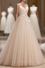 Champagne Spaghetti Strap Tulle Formal Dresses with Feathers, Cute A-Line Evening Dresses
