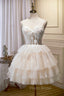 Champagne Spaghetti Straps Lace Party Dresses, A-Line Short Homecoming Dresses