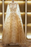Champagne Stars A-Line Tulle Long Formal Dresses, Champagne Formal Prom Dresses