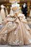 Champagne Strapless Tulle Appliques Formal Prom Dresses