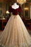 Champagne Tulle and Velvet Long Party Dresses, Short Sleeves Formal Prom Dresses