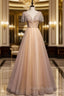 Champagne Tulle Beading V-neck Formal Prom Dresses
