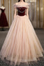 Champagne Tulle Burgundy Velvet Off the Shoulder Formal Prom Dresses
