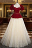 Champagne Tulle Burgundy Velvet Puff Sleeve Beading Formal Prom Dresses