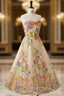 Champagne Tulle Embroidery Strapless Tea Length Formal Prom Dresses