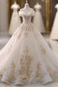 Champagne Tulle Gold Appliques Off The Shoulder Wedding Dresses
