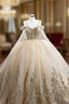 Champagne Tulle Gold Sequins Appliques Spaghetti Straps Pearls Formal Prom Dresses