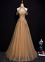 Champagne Tulle Halter Long Party Dresses, A-Line Formal Gown