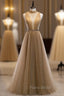 Champagne Tulle High Neck Pleats Beading Backless Long Formal Prom Dresses