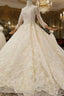 Champagne Tulle Lace Appliques High Neck Long Sleeve Beading Luxury Wedding Dresses