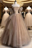 Champagne Tulle Lace Long Formal Prom Dresses, Champagne Formal Dresses