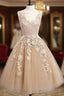 Champagne Tulle Lace Short Formal Prom Dresses, Cute Homecoming Dresses