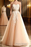 Champagne Tulle Lace Tea Pearl Formal Prom Dresses, Lace Wedding Dresses