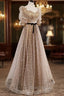 Champagne Tulle Long Party Dresses, Short Sleeves A-line Formal Dresses Evening Dresses