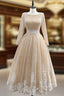 Champagne Tulle Long Sleeve Backless Appliques Formal Prom Dresses