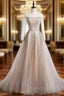 Champagne Tulle Long Sleeve Beading Formal Prom Dresses