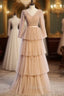 Champagne Tulle Long Sleeve V-neck Pleats Formal Prom Dresses