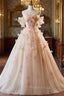 Champagne Tulle Off the Shoulder 3D Flower Formal Prom Dresses