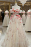 Champagne Tulle Off the Shoulder Flower Princess Formal Prom Dres