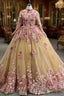 Champagne Tulle Pink 3D Appliques Long Sleeve Formal Prom Dresses