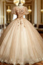 Champagne Tulle Puff Sleeve Beading Quinceanera Dresses