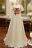Champagne Tulle Puff Sleeve Formal Prom Dresses With Red Bow