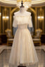 Champagne Tulle Scoop Sequins Tea Length Formal Prom Dresses