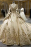 Champagne Tulle Sequins Appliques Long Sleeve Formal Prom Dresses