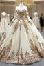 Champagne Tulle Sequins Appliques Sweetheart Formal Prom Dresses