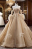 Champagne Tulle Sequins Formal Prom Dresses With Detachable Sleeve