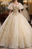 Champagne Tulle Sequins Square Puff Sleeve Quinceanera Dresses
