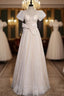 Champagne Tulle Sequins V-neck Bow Formal Prom Dresses